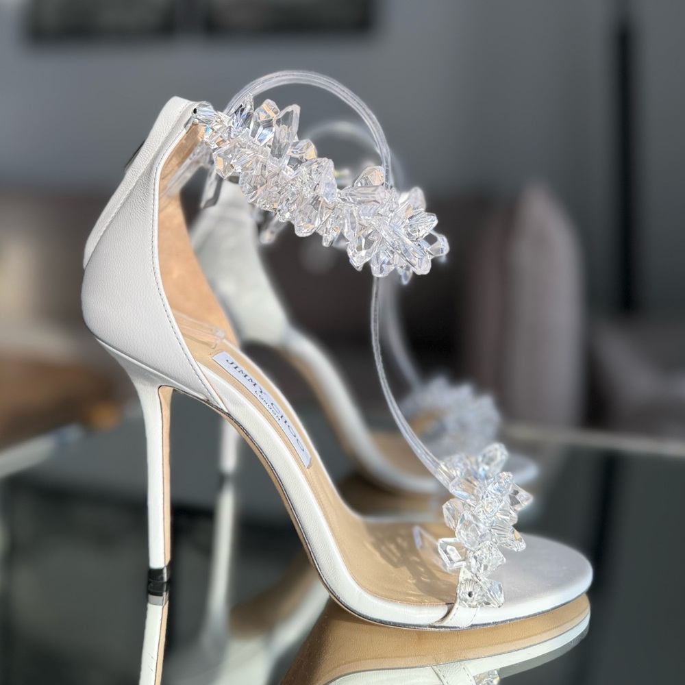 New Jimmy Choo White Maisel 100 Crystal Embellished Leather Sandals 38 - Picture 10 of 17